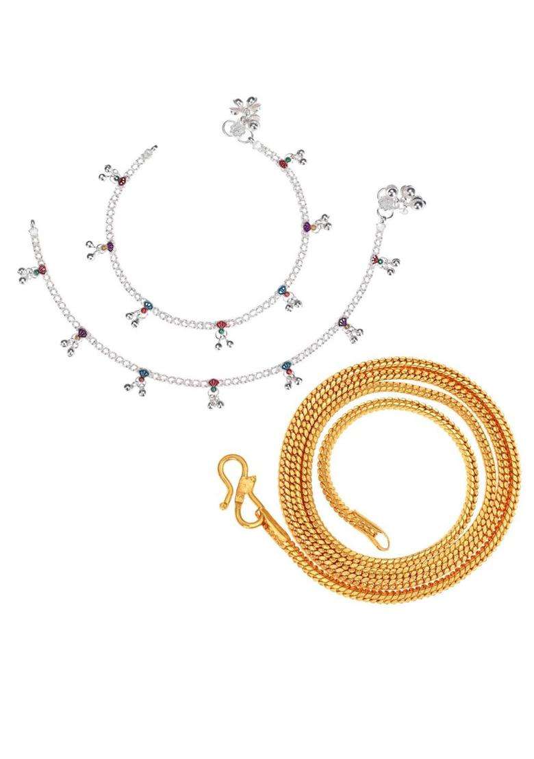 Set of 2 Silver-Plated Anklets with Gold-Plated Chain for Women | Traditional Temple Jewellery for Wedding & Festive Wear | Gift for Her - Indya
