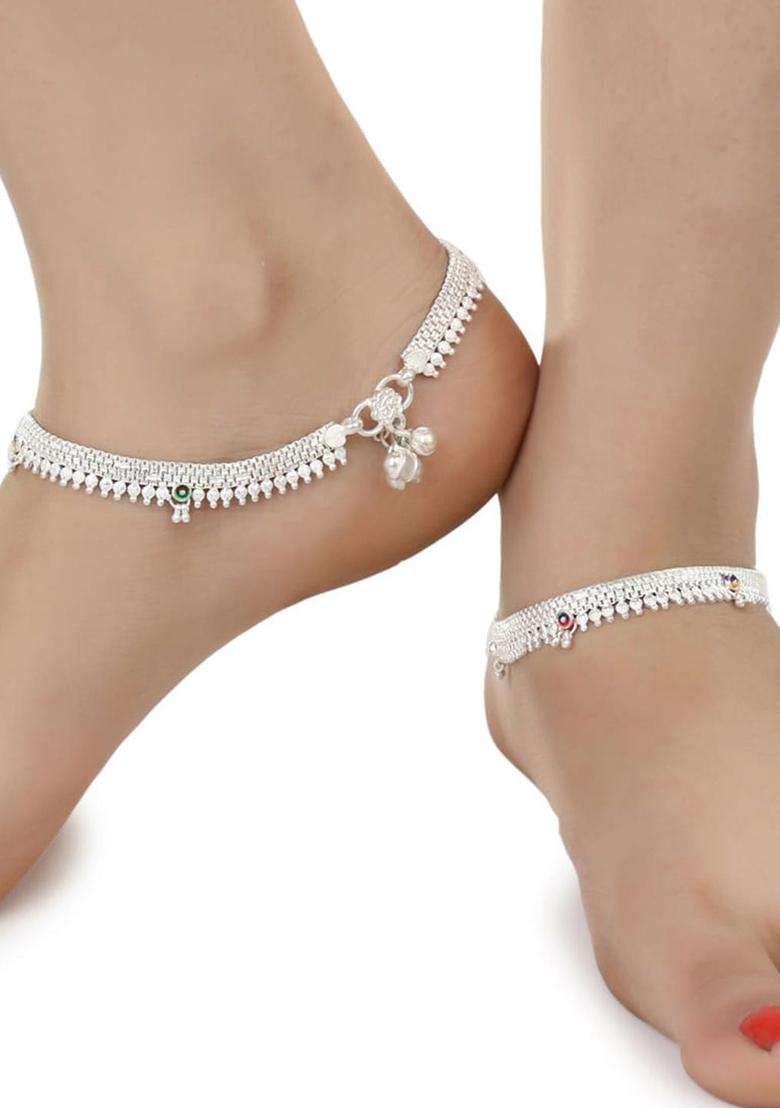Set of 2 Silver-Plated Anklets with Gold-Plated Chain for Women | Traditional Temple Jewellery for Wedding & Festive Wear | Gift for Her - Indya