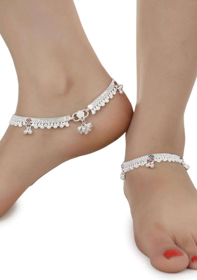 Set of 2 Silver-Plated Beaded Anklets with Gold-Plated Chain Jewellery Set for Women | Traditional Temple Jewellery for Wedding & Festive Wear | Gift for Her - Indya