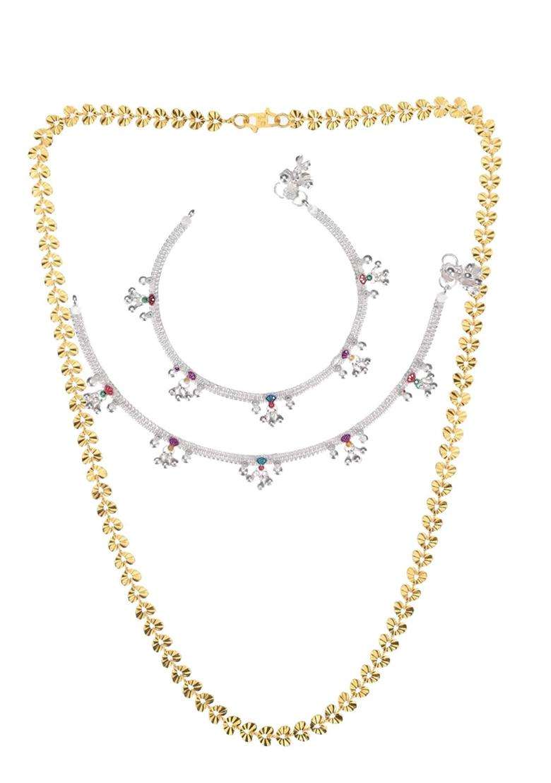 Set of 2 Silver-Plated Beaded Anklets with Gold-Plated Chain for Women | Traditional Temple Jewellery for Wedding & Festive Wear | Gift for Her - Indya