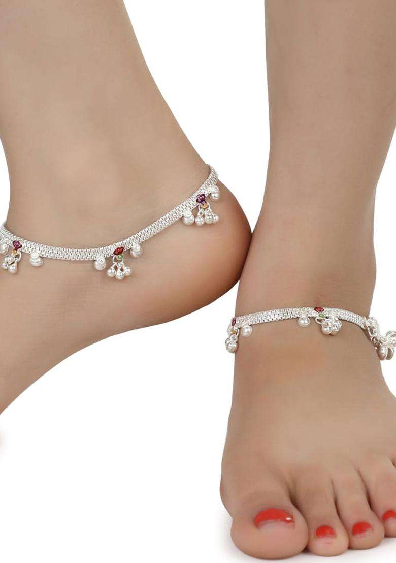 Set of 2 Silver-Plated Beaded Anklets with Gold-Plated Chain for Women | Traditional Temple Jewellery for Wedding & Festive Wear | Gift for Her - Indya