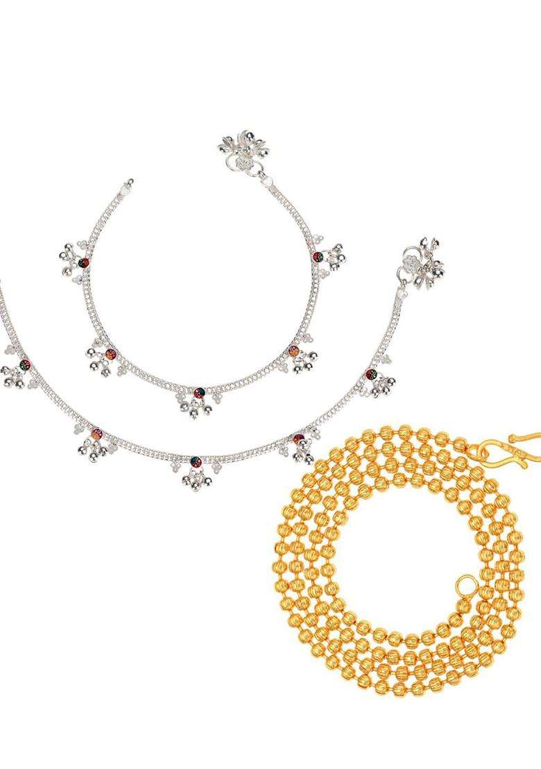Set of 2 Silver-Plated Anklets with Gold-Plated Chain for Women | Traditional Temple Jewellery for Wedding & Festive Wear | Gift for Her - Indya