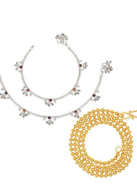 Set of 2 Silver-Plated Anklets with Gold-Plated Chain for Women | Traditional Temple Jewellery for Wedding & Festive Wear | Gift for Her