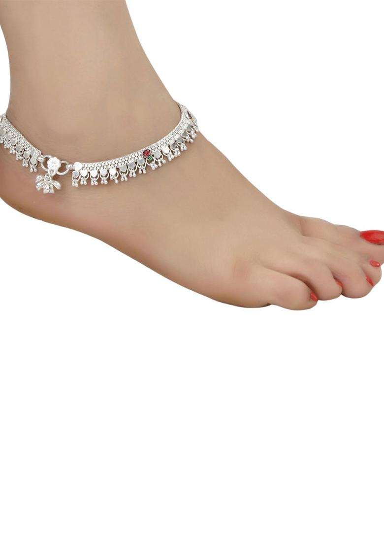 Set of 2 Silver-Plated Anklets with Gold-Plated Chain for Women | Traditional Temple Jewellery for Wedding & Festive Wear | Gift for Her - Indya
