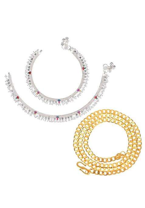 Set of 2 Silver-Plated Anklets with Gold-Plated Chain for Women | Traditional Temple Jewellery for Wedding & Festive Wear | Gift for Her
