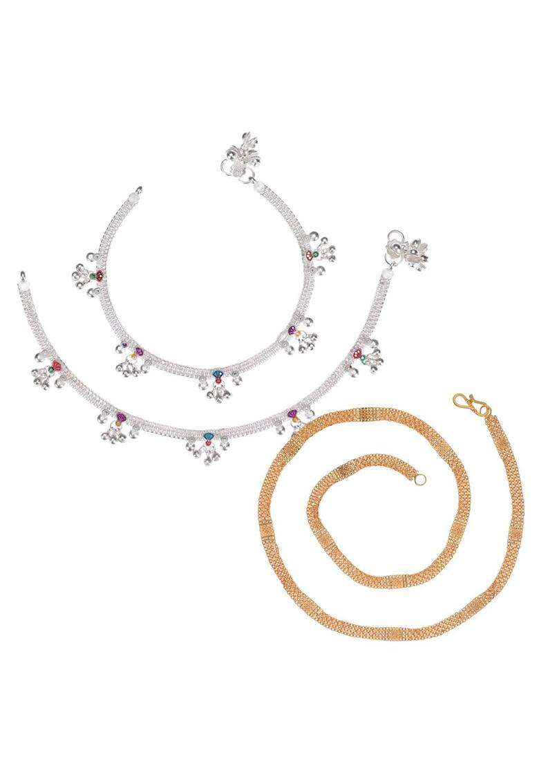 Set of 2 Silver-Plated Anklets with Gold-Plated Chain for Women | Traditional Temple Jewellery for Wedding & Festive Wear | Gift for Her - Indya