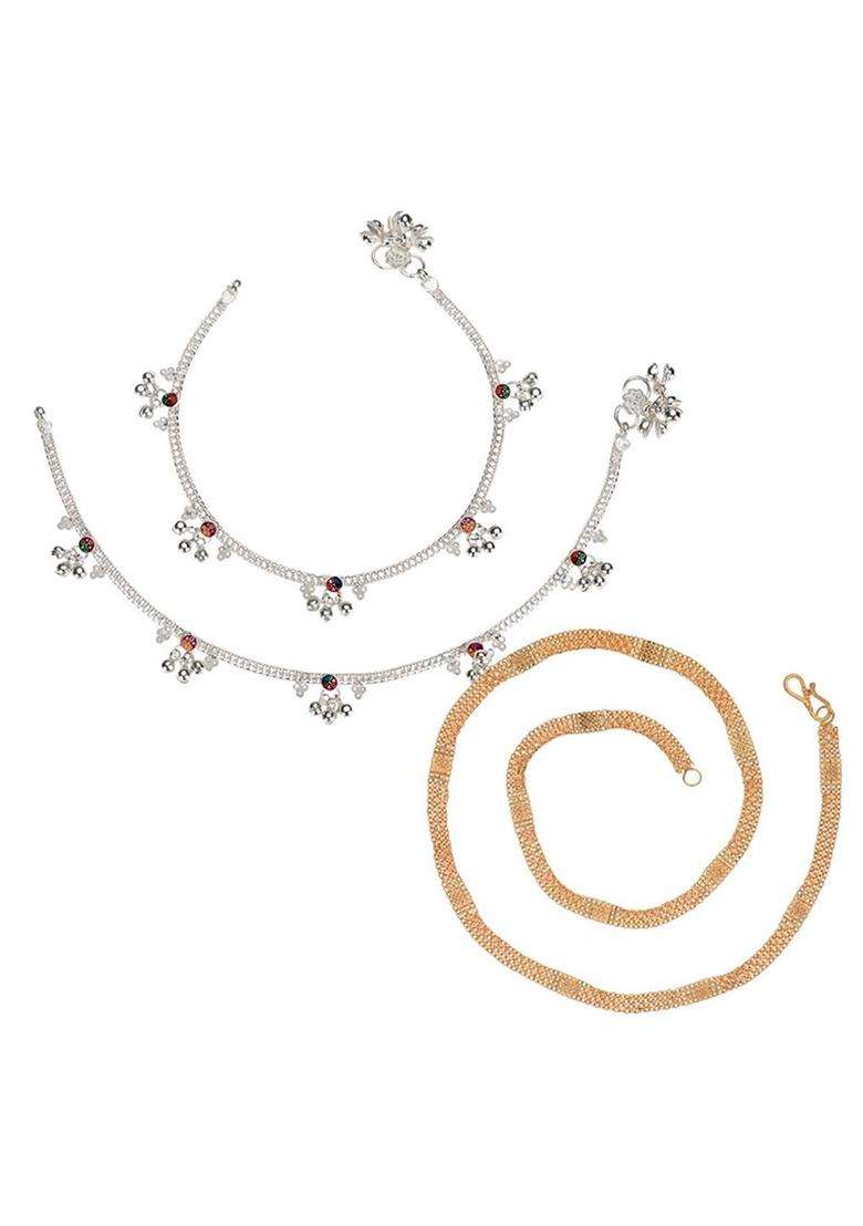 Set of 2 Silver-Plated Beaded Anklets with Gold-Plated Chain Jewellery Set for Women | Traditional Temple Jewellery for Wedding & Festive Wear | Gift for Her - Indya