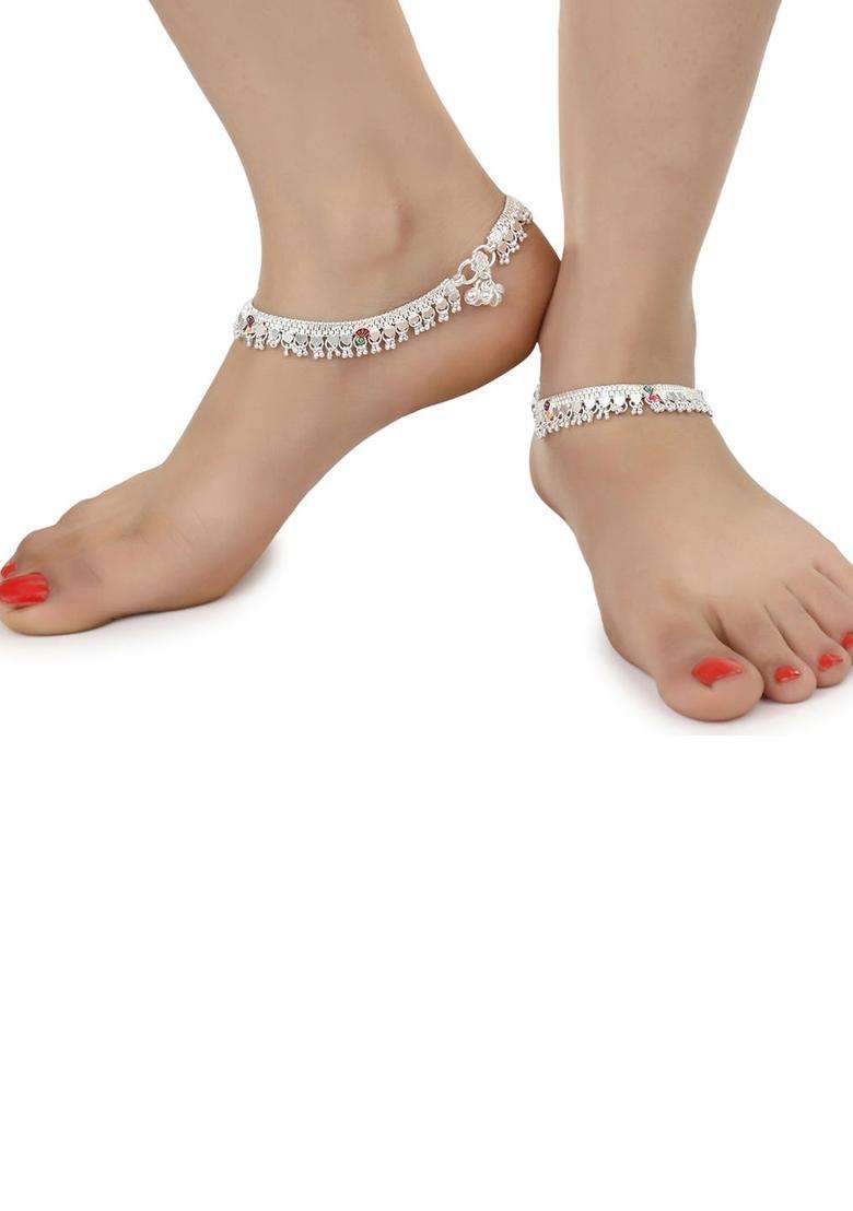 Set of 2 Silver-Plated Anklets with Gold-Plated Chain for Women | Traditional Temple Jewellery for Wedding & Festive Wear | Gift for Her - Indya