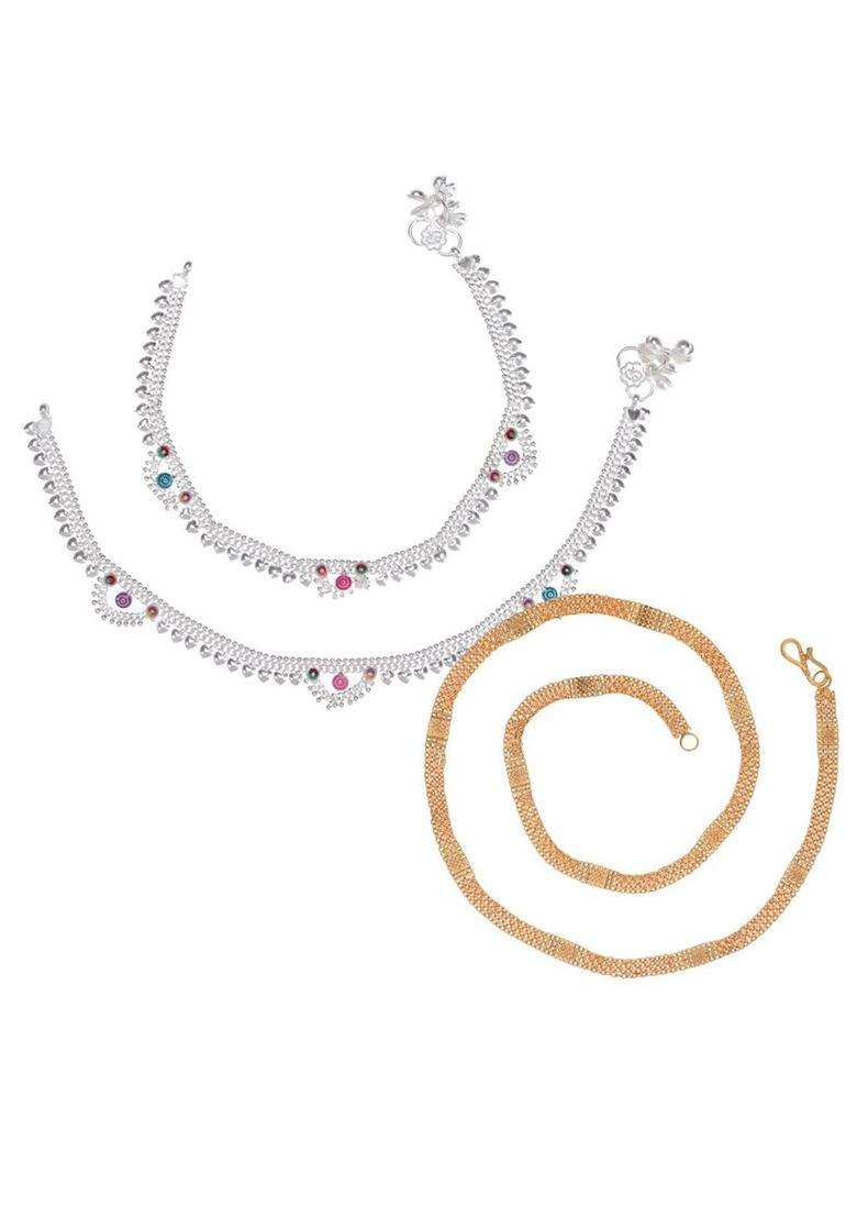 Set of 2 Silver-Plated Anklets with Gold-Plated Chain for Women | Traditional Temple Jewellery for Wedding & Festive Wear | Gift for Her - Indya