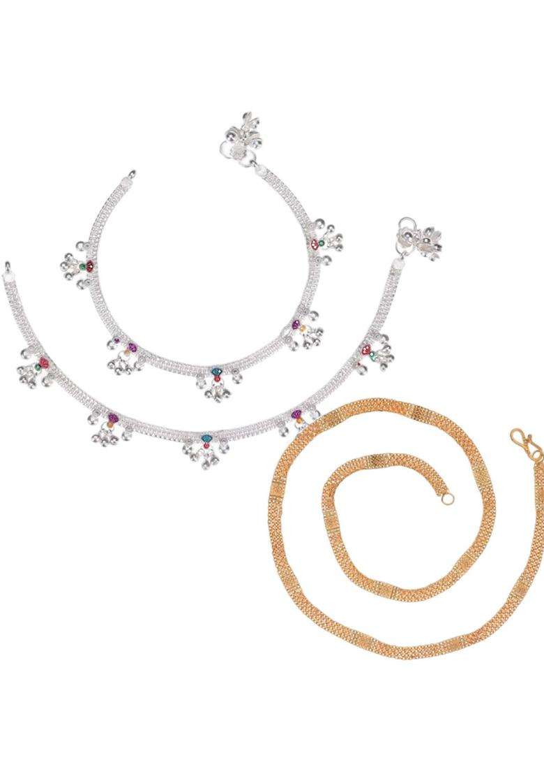 Gold-Plated Chain & Set of 2 Silver-Plated Anklets Jewellery Set for Women | Traditional Temple Jewellery for Wedding & Festive Wear | Gift for Her - Indya