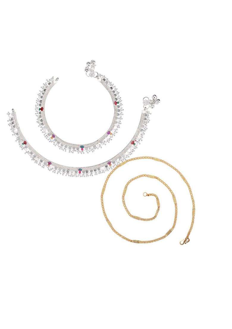 Set of 2 Silver-Plated Beaded Anklets with Gold-Plated Chain Jewellery Set for Women | Traditional Temple Jewellery for Wedding & Festive Wear | Gift for Her - Indya