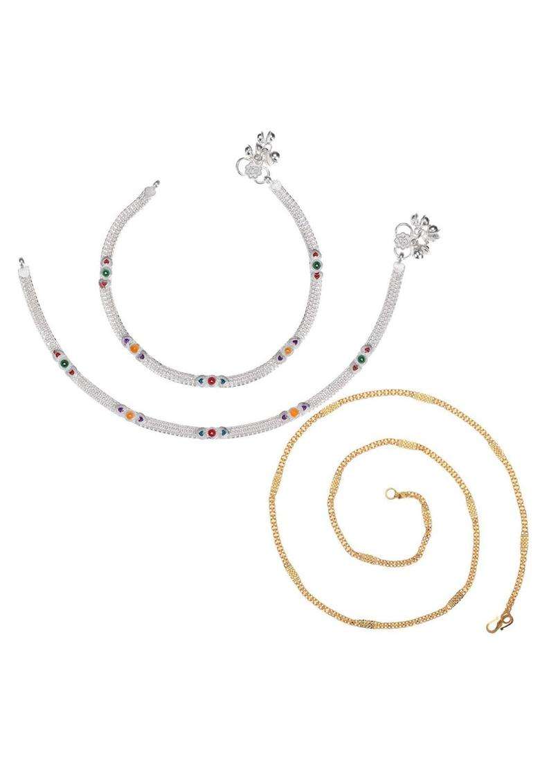 Set of 2 Silver-Plated Anklets with Gold-Plated Chain for Women | Traditional Temple Jewellery for Wedding & Festive Wear | Gift for Her - Indya