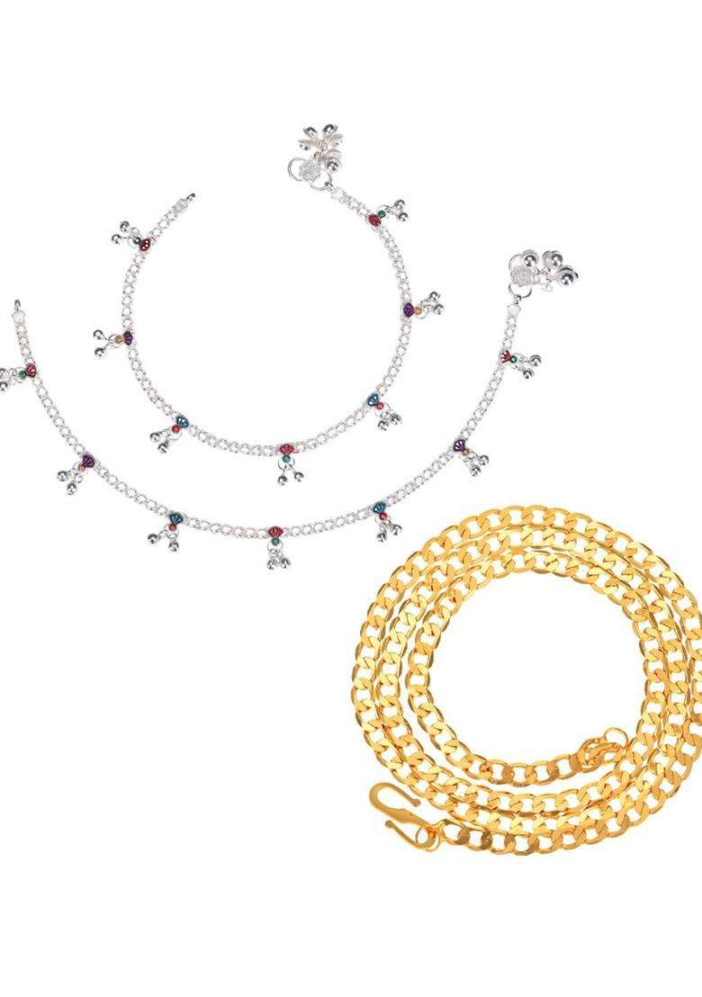 Set of 2 Silver-Plated Beaded Anklets with Gold-Plated Chain Jewellery Set for Women | Traditional Temple Jewellery for Wedding & Festive Wear | Gift for Her - Indya