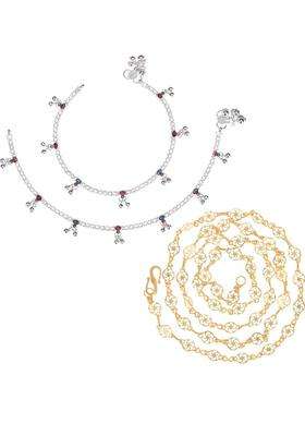 Set of 2 Silver-Plated Anklets with Gold-Plated Chain for Women | Traditional Temple Jewellery for Wedding & Festive Wear | Gift for Her