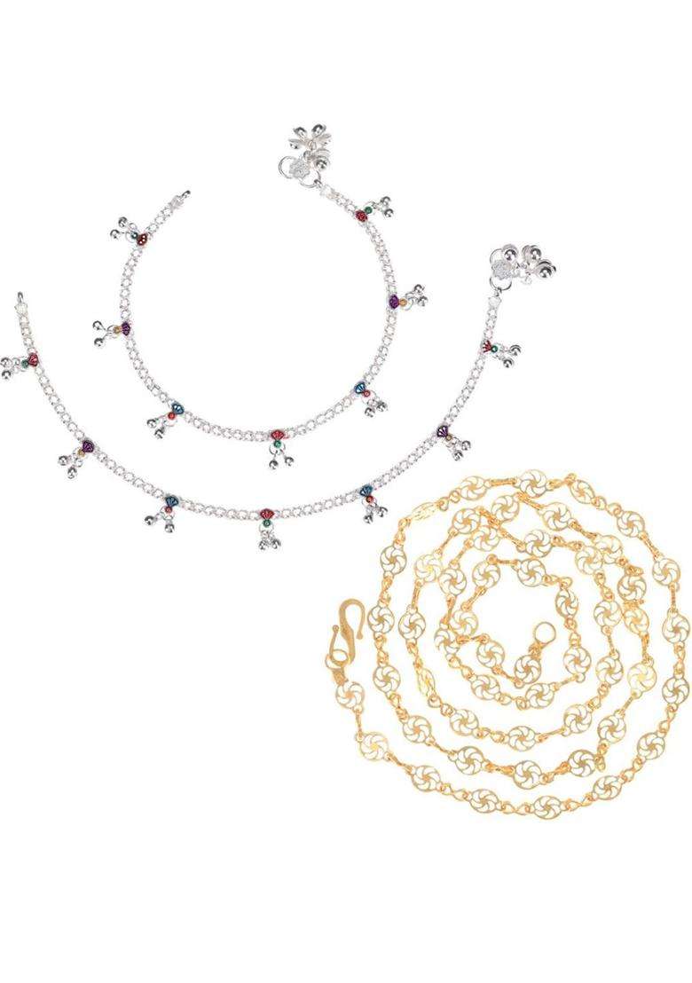Set of 2 Silver-Plated Anklets with Gold-Plated Chain for Women | Traditional Temple Jewellery for Wedding & Festive Wear | Gift for Her - Indya
