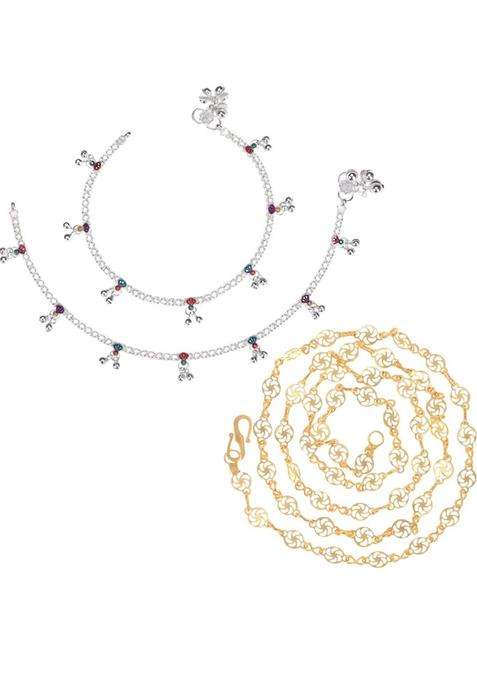 Set of 2 Silver-Plated Anklets with Gold-Plated Chain for Women | Traditional Temple Jewellery for Wedding & Festive Wear | Gift for Her