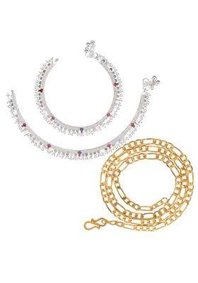 Silver-Plated Beaded Anklets with Gold-Plated Chain for Women | Traditional Temple Jewellery for Wedding & Festive Wear | Gift for Her