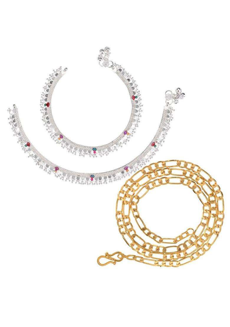 Silver-Plated Beaded Anklets with Gold-Plated Chain for Women | Traditional Temple Jewellery for Wedding & Festive Wear | Gift for Her - Indya