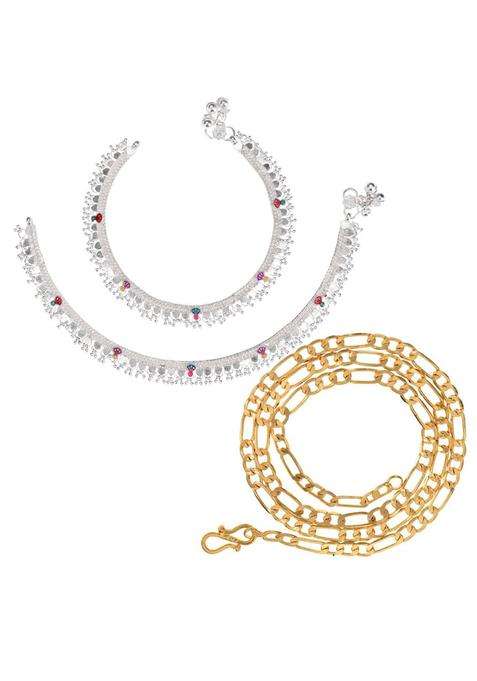 Silver-Plated Beaded Anklets with Gold-Plated Chain for Women | Traditional Temple Jewellery for Wedding & Festive Wear | Gift for Her