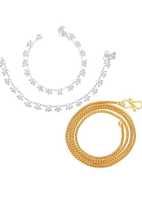 Silver-Plated Beaded Anklets with Gold-Plated Chain for Women | Traditional Temple Jewellery for Wedding & Festive Wear | Gift for Her