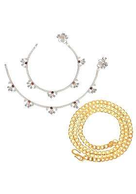 Set of 2 Silver-Plated Anklets with Gold-Plated Chain for Women | Traditional Temple Jewellery for Wedding & Festive Wear | Gift for Her