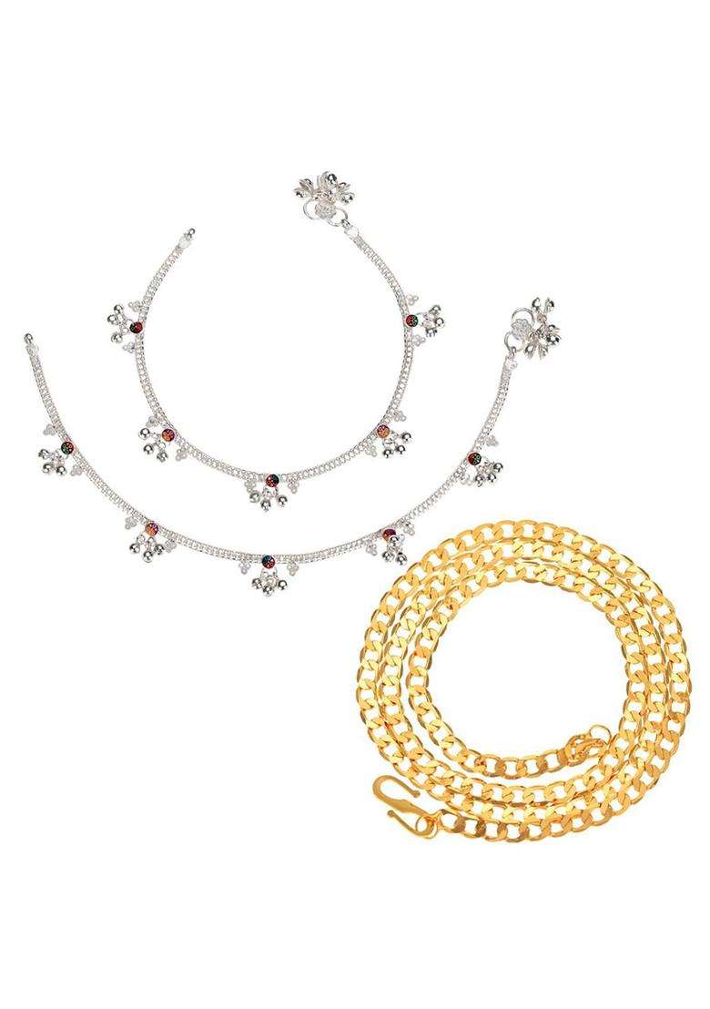 Set of 2 Silver-Plated Anklets with Gold-Plated Chain for Women | Traditional Temple Jewellery for Wedding & Festive Wear | Gift for Her - Indya