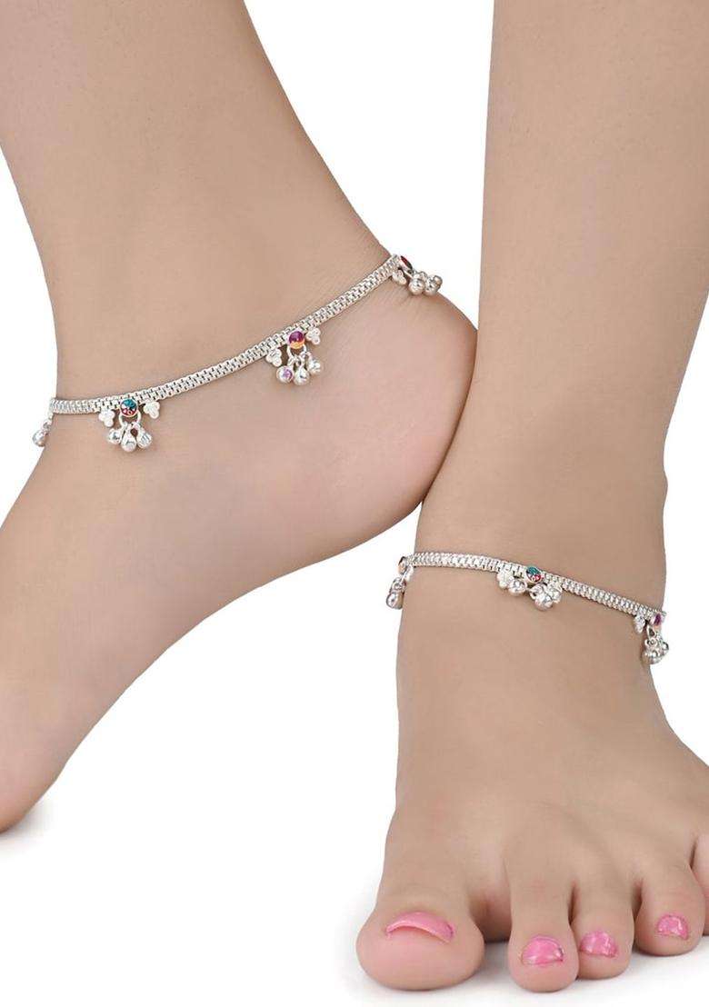Set of 2 Silver-Plated Anklets with Gold-Plated Chain for Women | Traditional Temple Jewellery for Wedding & Festive Wear | Gift for Her - Indya
