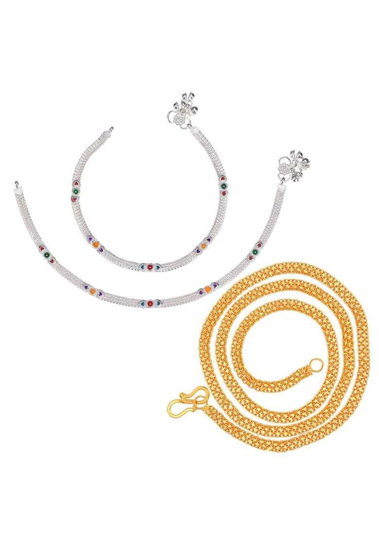 Silver-Plated Anklets with Gold-Plated Chain for Women | Traditional Temple Jewellery for Wedding & Festive Wear | Gift for Her - Indya