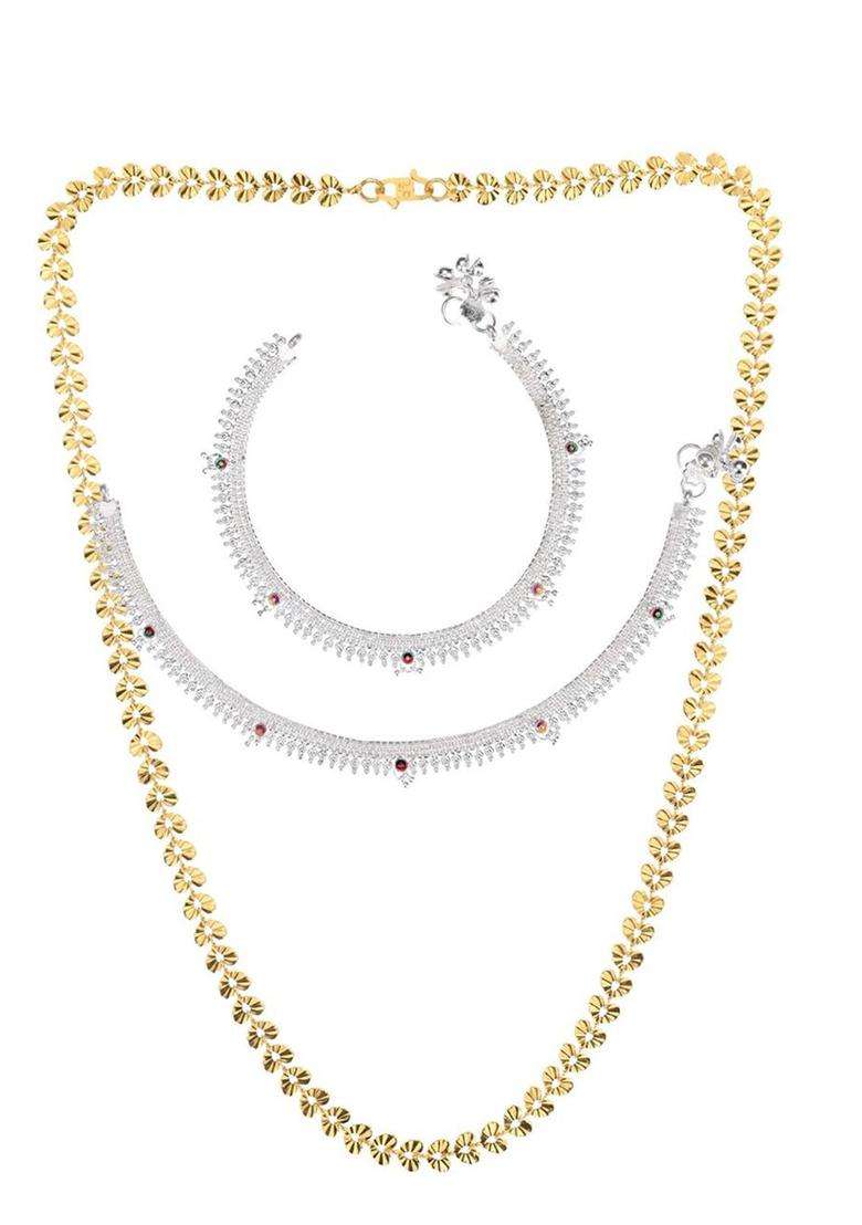 Gold-Plated Chain & Silver-Plated Anklets Jewellery Set for Women | Traditional Temple Jewellery for Wedding & Festive Wear | Gift for Her - Indya