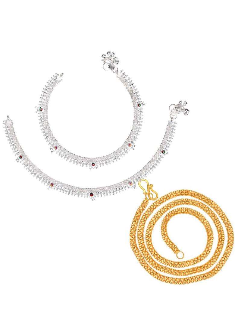 Set of 2 Silver-Plated Beaded Anklets with Gold-Plated Chain for Women | Traditional Temple Jewellery for Wedding & Festive Wear | Gift for Her - Indya