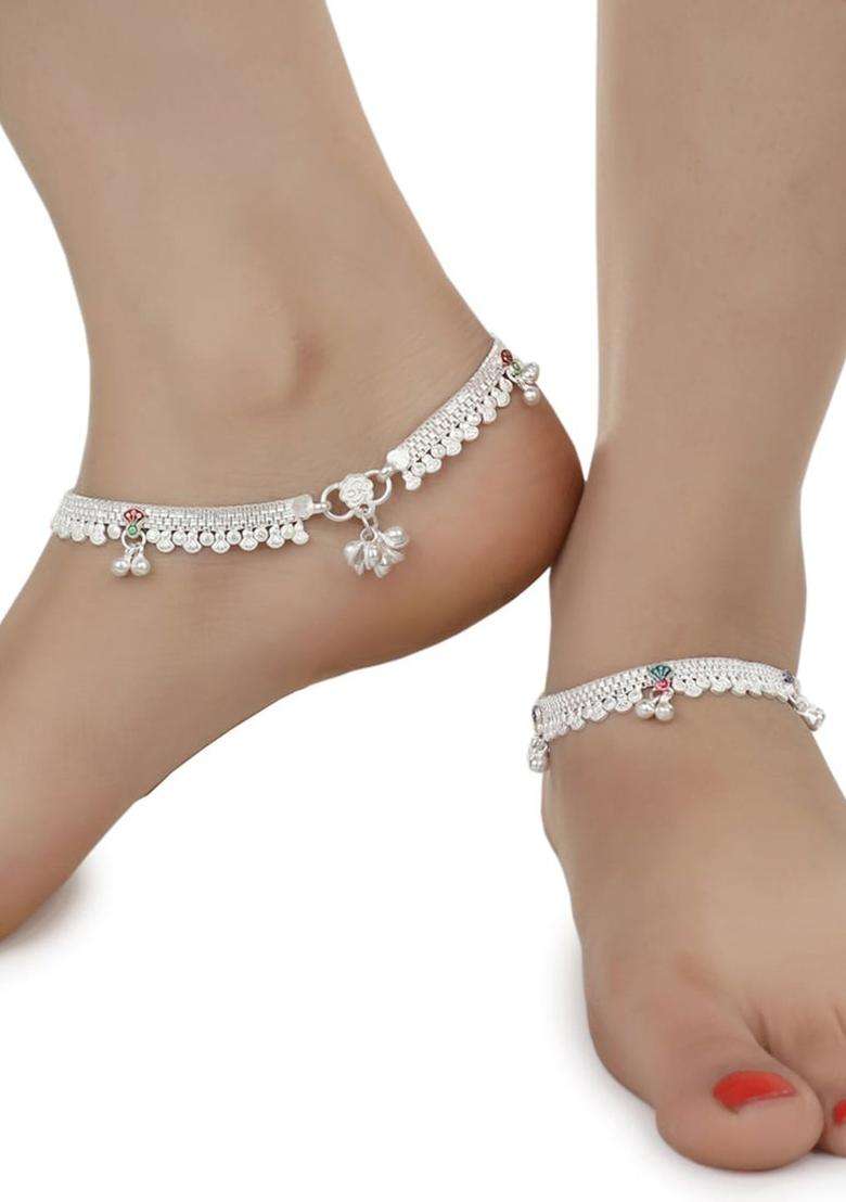 Set of 2 Silver-Plated Anklets with Gold-Plated Chain for Women | Traditional Temple Jewellery for Wedding & Festive Wear | Gift for Her - Indya