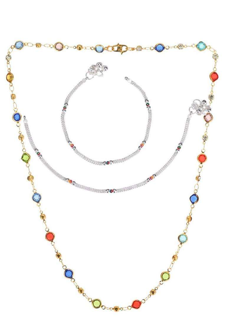 Set of 2 Silver-Plated Anklets with Gold-Plated Chain for Women | Traditional Temple Jewellery for Wedding & Festive Wear | Gift for Her - Indya