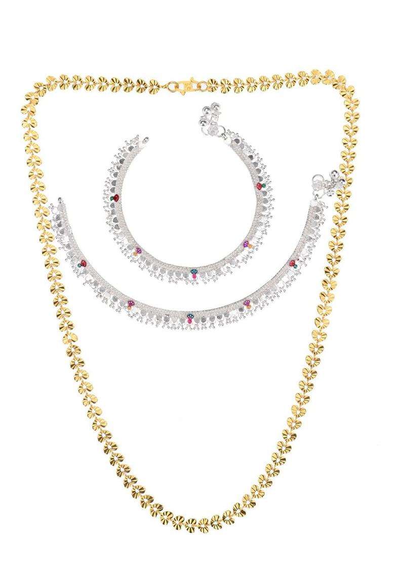 Gold-Plated Chain & Silver-Plated Anklets Jewellery Set for Women | Traditional Temple Jewellery for Wedding & Festive Wear | Gift for Her - Indya