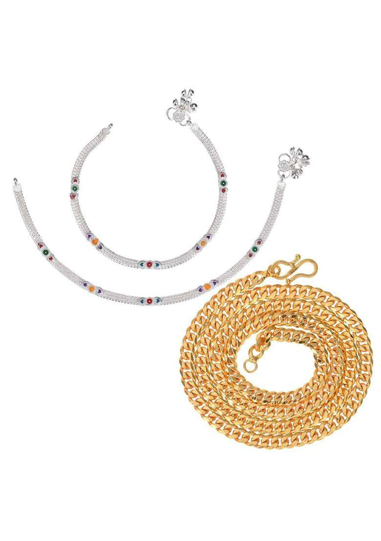 Set of 2 Silver-Plated Anklets with Gold-Plated Chain Jewellery Set for Women | Traditional Temple Jewellery for Wedding & Festive Wear | Gift for Her - Indya