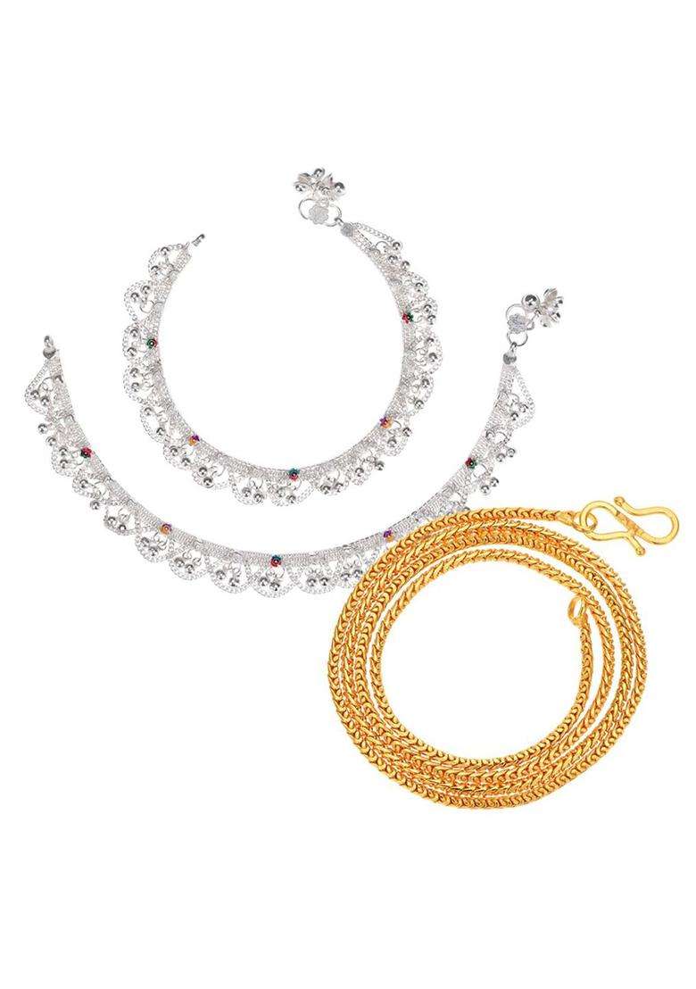 Set of 2 Silver-Plated Anklets with Gold-Plated Chain for Women | Traditional Temple Jewellery for Wedding & Festive Wear | Gift for Her - Indya