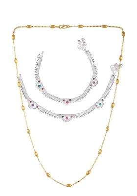 Silver-Plated Beaded Anklets with Gold-Plated Chain Jewellery Set for Women | Traditional Temple Jewellery for Wedding & Festive Wear | Gift for Her