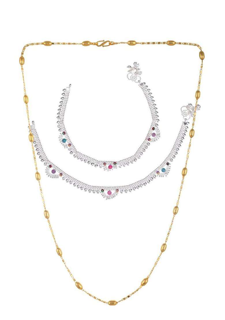 Silver-Plated Beaded Anklets with Gold-Plated Chain Jewellery Set for Women | Traditional Temple Jewellery for Wedding & Festive Wear | Gift for Her - Indya
