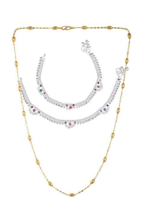 Silver-Plated Beaded Anklets with Gold-Plated Chain Jewellery Set for Women | Traditional Temple Jewellery for Wedding & Festive Wear | Gift for Her