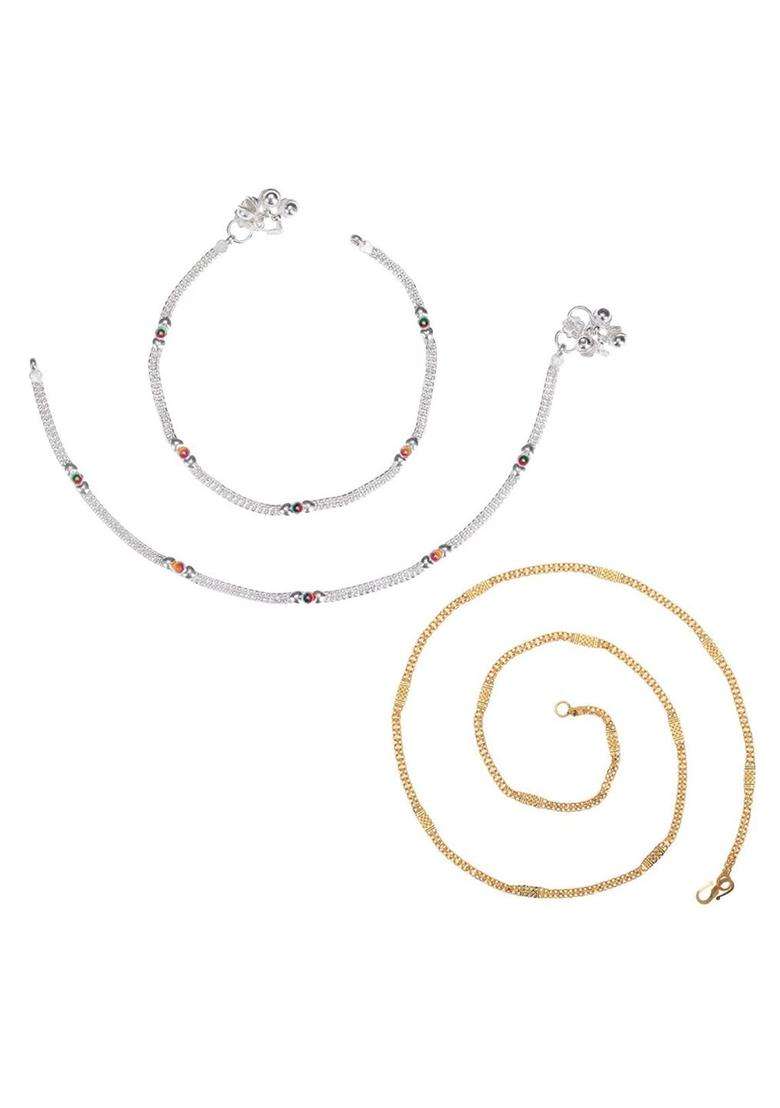 Set of 2 Silver-Plated Anklets with Gold-Plated Chain Jewellery Set for Women | Traditional Temple Jewellery for Wedding & Festive Wear | Gift for Her - Indya