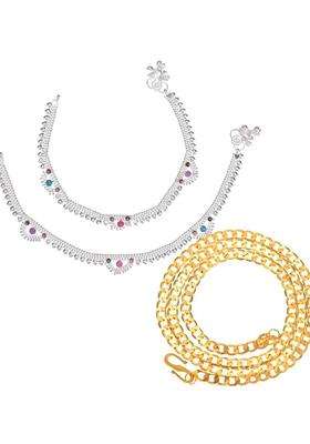 Gold-Plated Chain & Silver-Plated Anklets Jewellery Set for Women | Traditional Temple Jewellery for Wedding & Festive Wear | Gift for Her