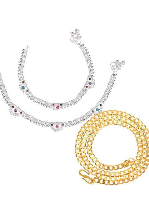 Gold-Plated Chain & Silver-Plated Anklets Jewellery Set for Women | Traditional Temple Jewellery for Wedding & Festive Wear | Gift for Her