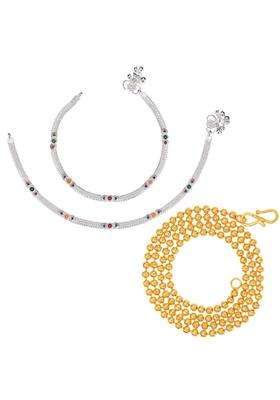 Set of 2 Silver-Plated Anklets with Gold-Plated Ball Chain Jewellery Set for Women | Traditional Temple Jewellery for Wedding & Festive Wear | Gift for Her