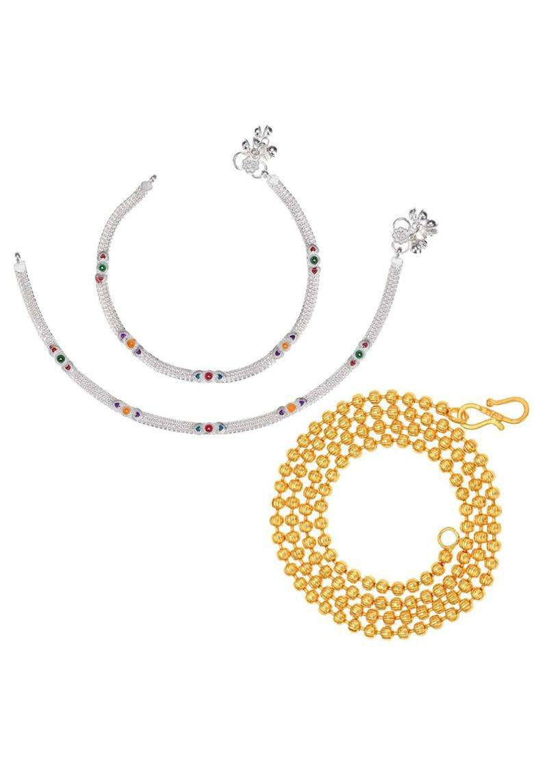 Set of 2 Silver-Plated Anklets with Gold-Plated Ball Chain Jewellery Set for Women | Traditional Temple Jewellery for Wedding & Festive Wear | Gift for Her - Indya