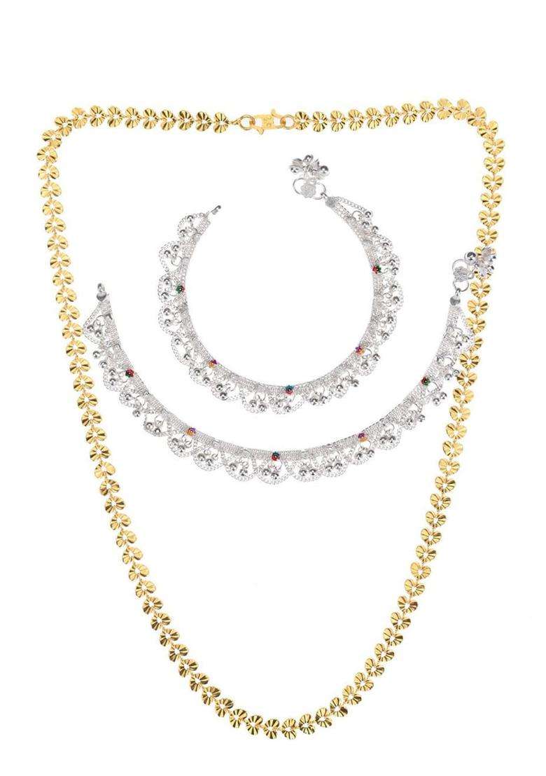 Silver-Plated Beaded Anklets with Chain for Women | Traditional Temple Jewellery for Wedding & Festive Wear | Gift for Her - Indya