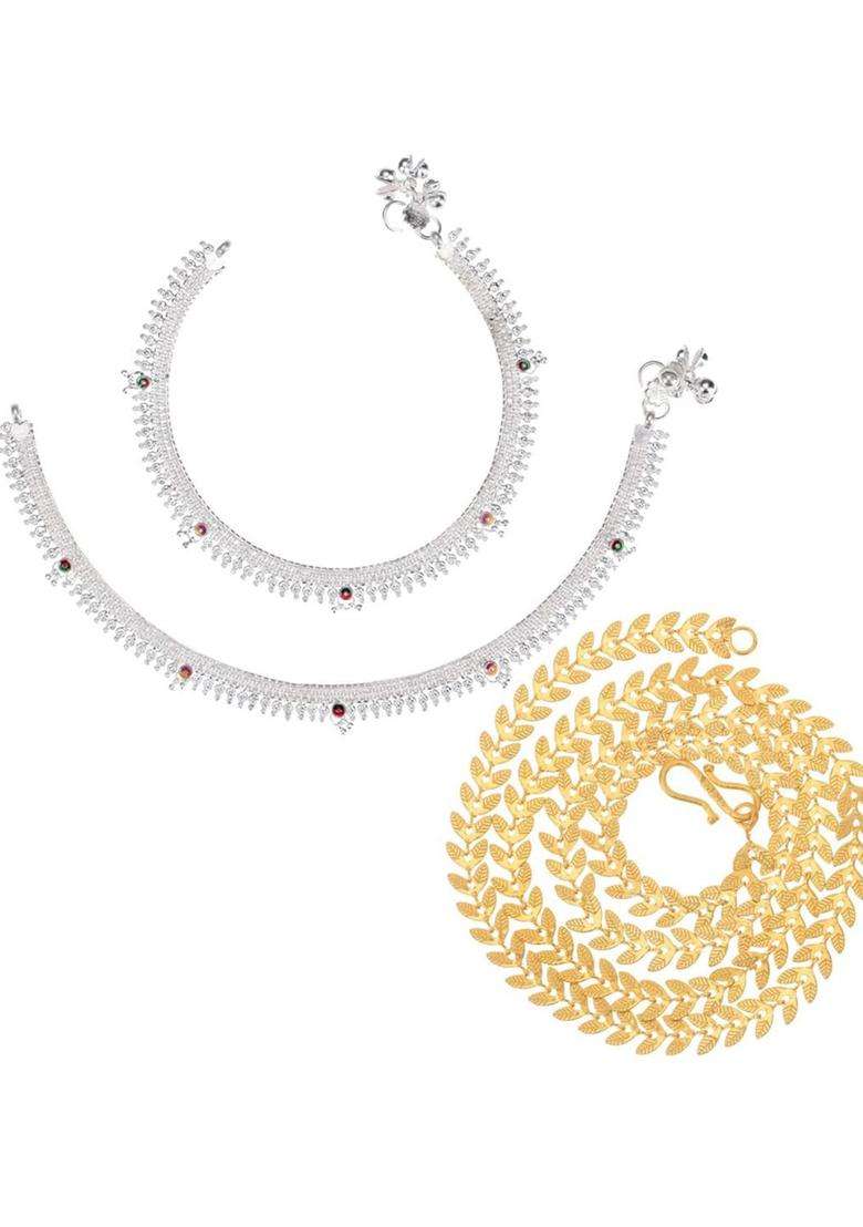 Set of 2 Silver-Plated Anklets with Gold-Plated Chain Jewellery Set for Women | Traditional Temple Jewellery for Wedding & Festive Wear | Gift for Her - Indya