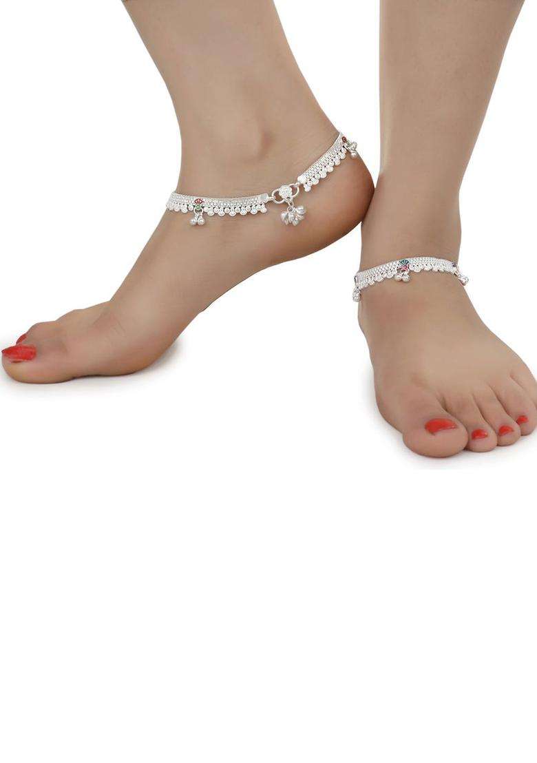 Set of 2 Silver-Plated Beaded Anklets with Gold-Plated Chain for Women | Traditional Temple Jewellery for Wedding & Festive Wear | Gift for Her - Indya