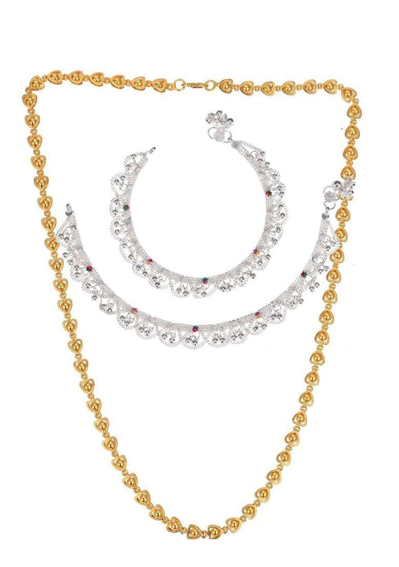 Set of 2 Silver-Plated Beaded Anklets with Gold-Plated Chain for Women | Traditional Temple Jewellery for Wedding & Festive Wear | Gift for Her - Indya