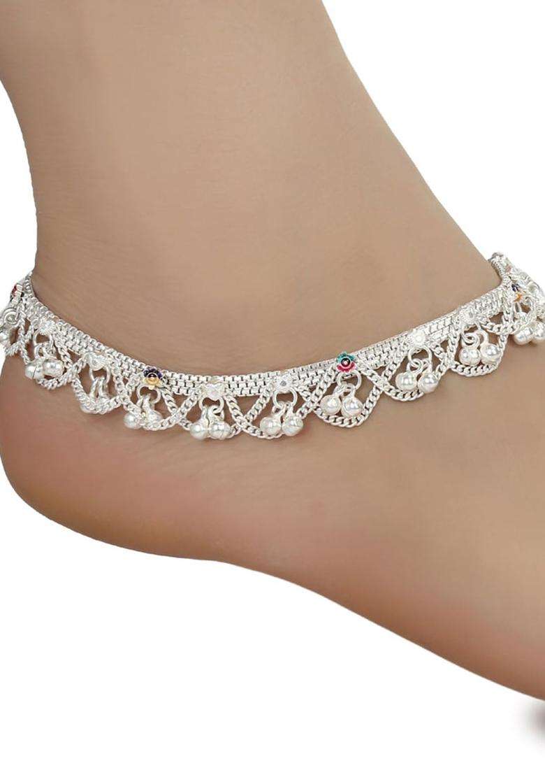 Set of 2 Silver-Plated Beaded Anklets with Gold-Plated Chain for Women | Traditional Temple Jewellery for Wedding & Festive Wear | Gift for Her - Indya