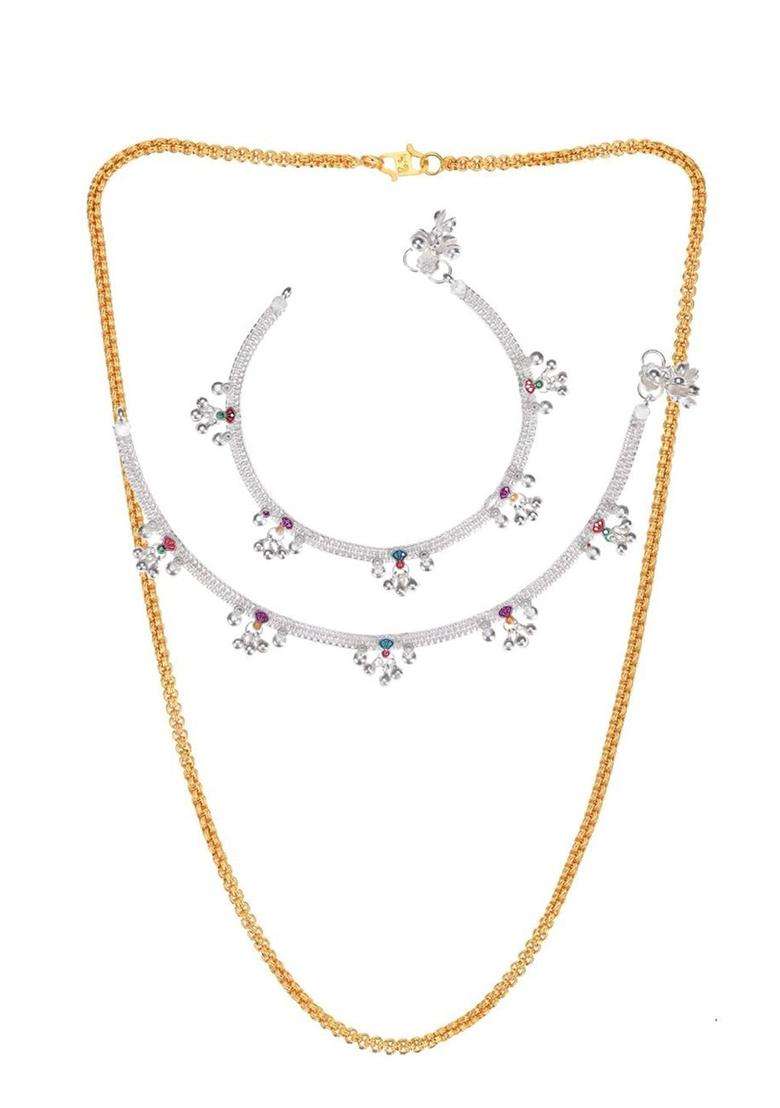 Set of 2 Silver-Plated Anklets with Gold-Plated Chain Jewellery Set for Women | Traditional Temple Jewellery for Wedding & Festive Wear | Gift for Her - Indya