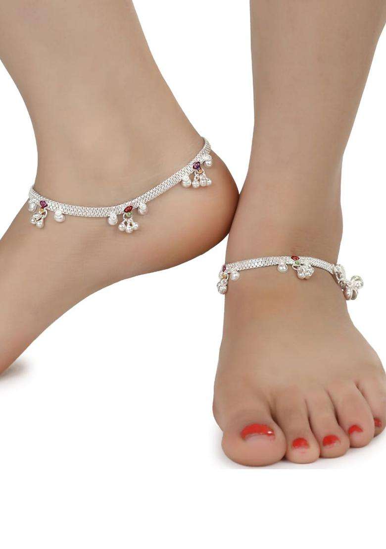 Set of 2 Silver-Plated Anklets with Gold-Plated Chain Jewellery Set for Women | Traditional Temple Jewellery for Wedding & Festive Wear | Gift for Her - Indya